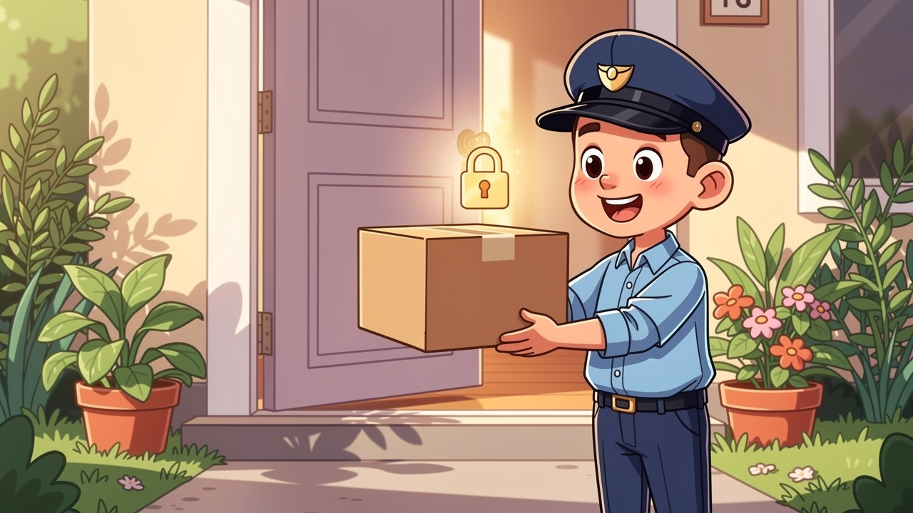 Cartoon discreet parcel delivery at front door with privacy lock