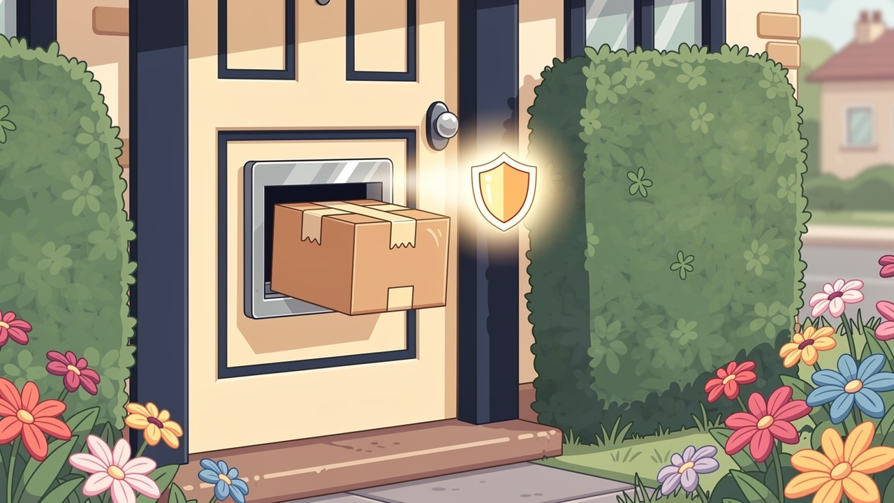 Cartoon plain parcel being delivered through letterbox discreetly