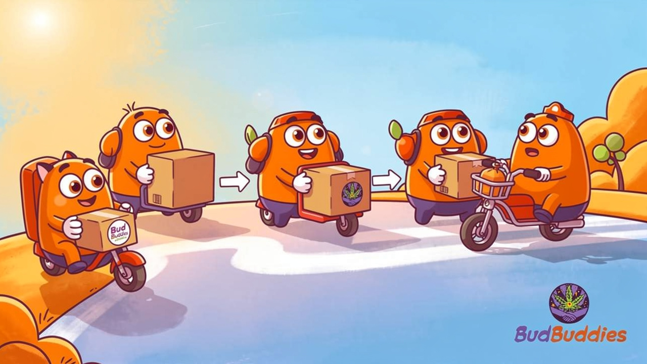 Cartoon delivery process from packing to student doorstep