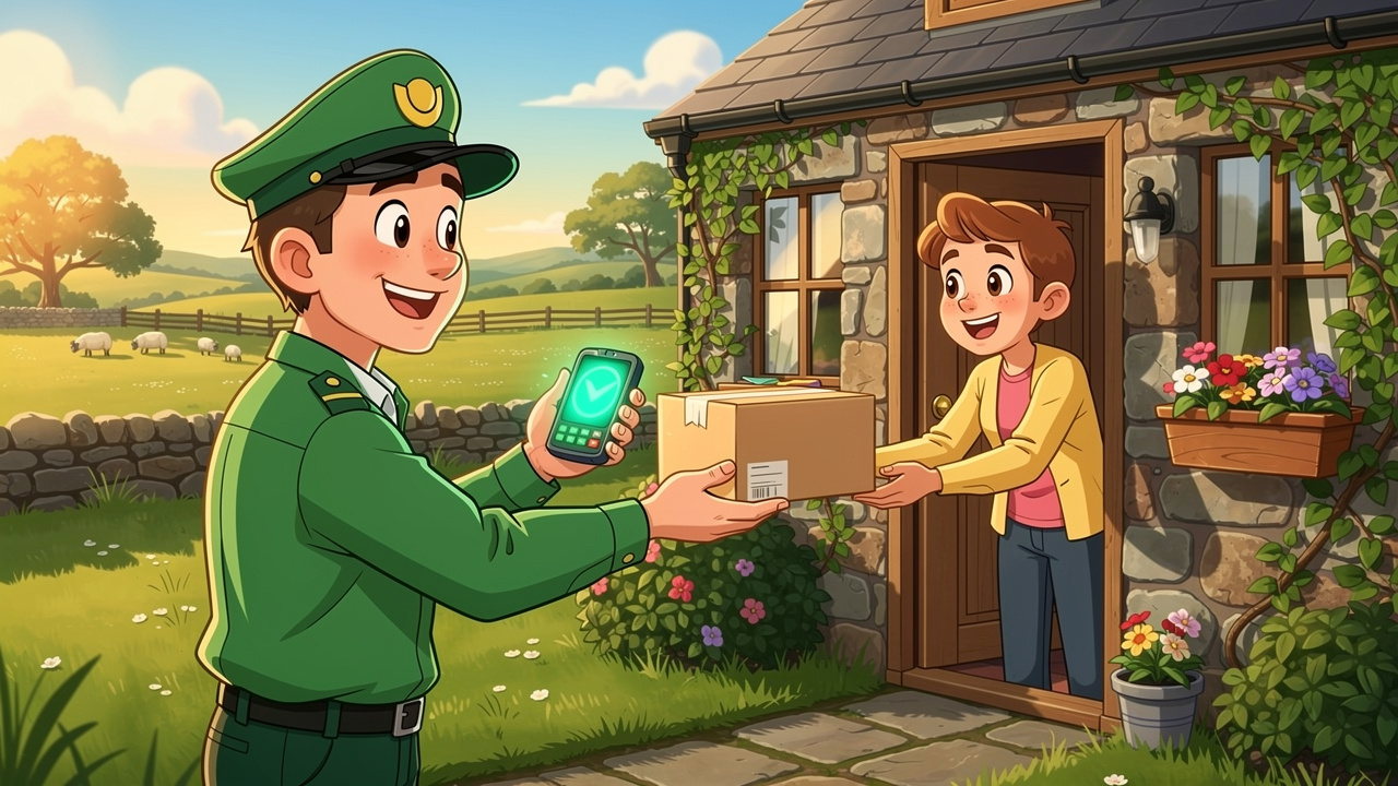 Cartoon postal worker delivering discreet parcel to Warrenpoint customer doorstep