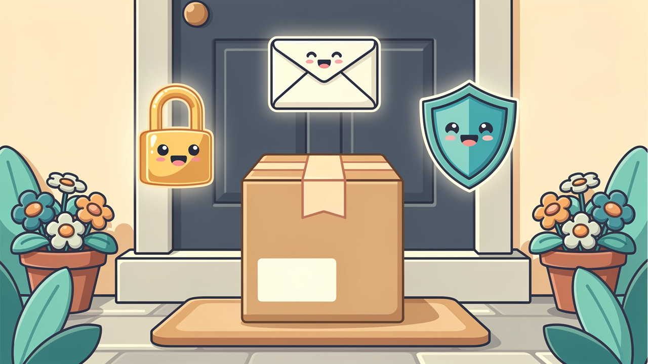 Cartoon plain parcel on doorstep symbolising discreet delivery