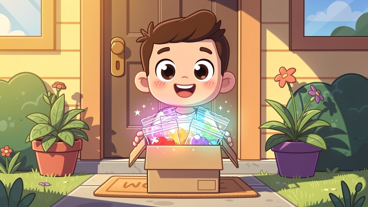 Cartoon character receiving discreet cannabis parcel at doorstep