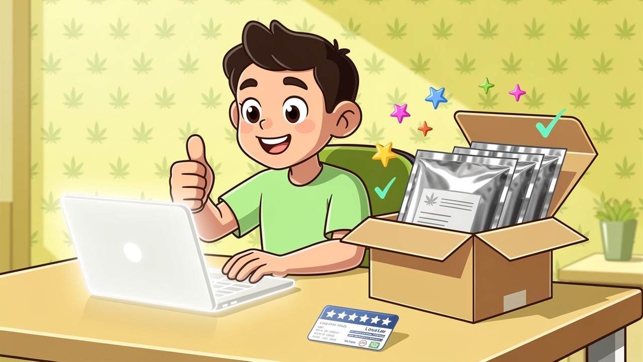 Cartoon satisfied customer receiving discreet cannabis parcel at home