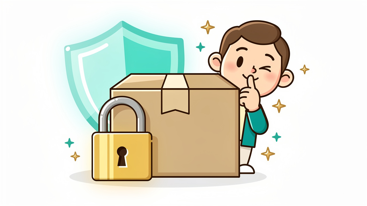 Cartoon discreet plain parcel with privacy shield and padlock