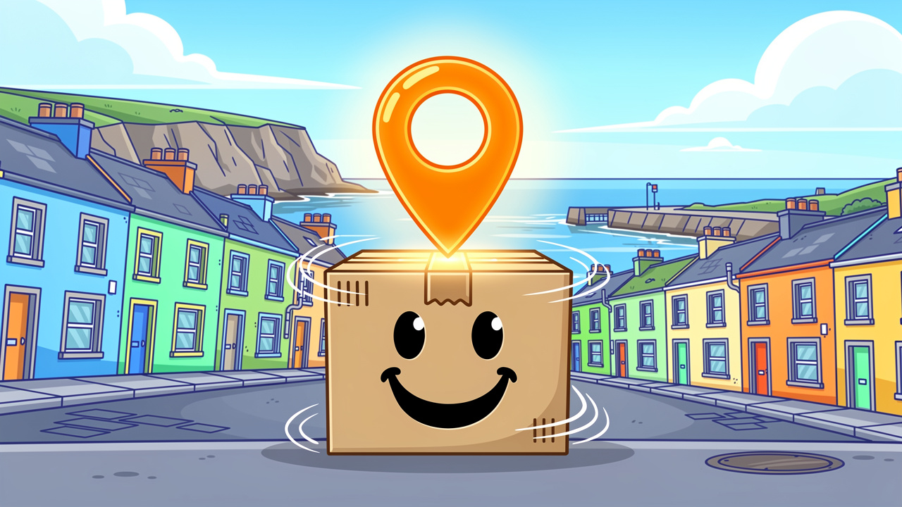 Cartoon smiling parcel with tracking pin over Carrickfergus town