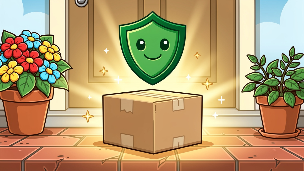 Cartoon discreet parcel on doorstep with trust quality badge