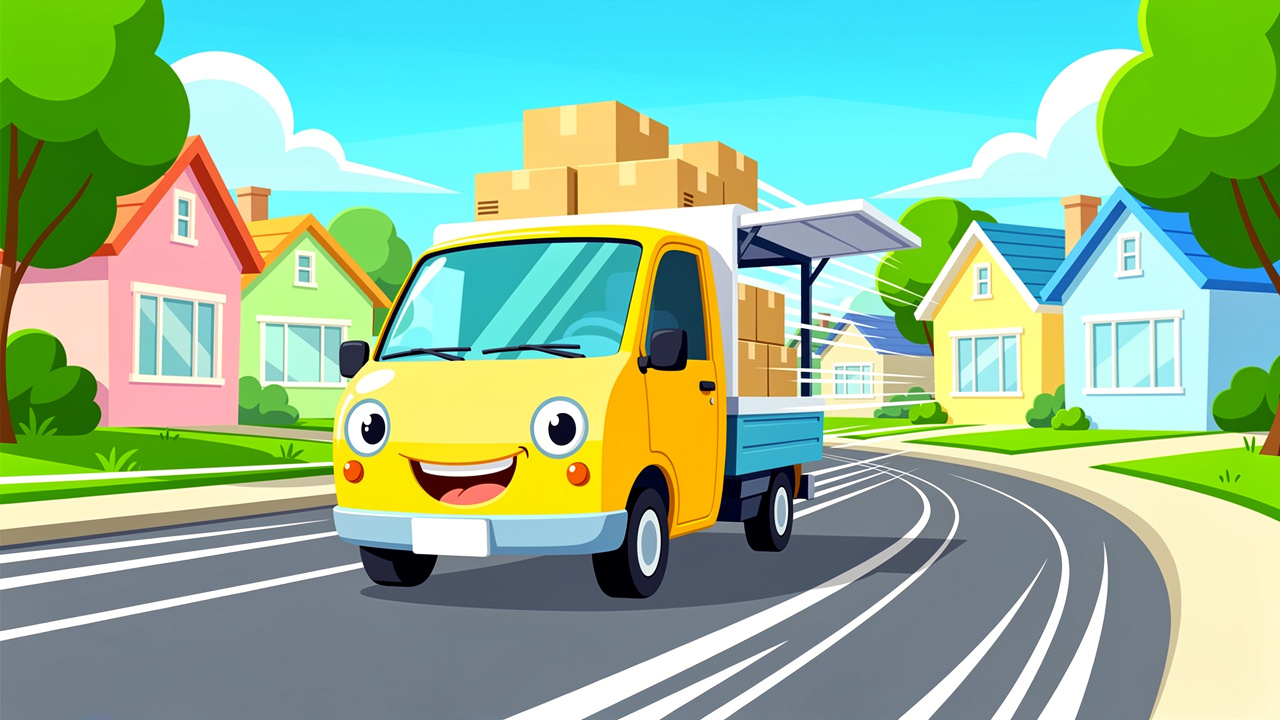 Cartoon delivery van speeding through Portadown neighbourhood