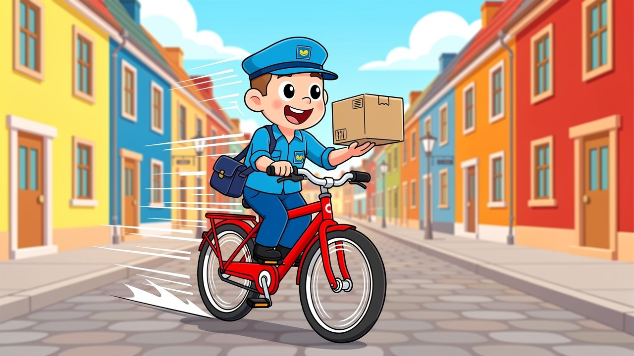 Cartoon postal worker delivering discreet parcel in Omagh