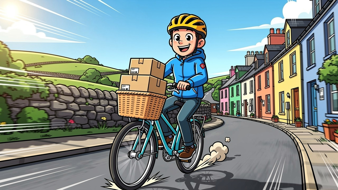 Cartoon delivery cyclist speeding through Dungannon with parcels