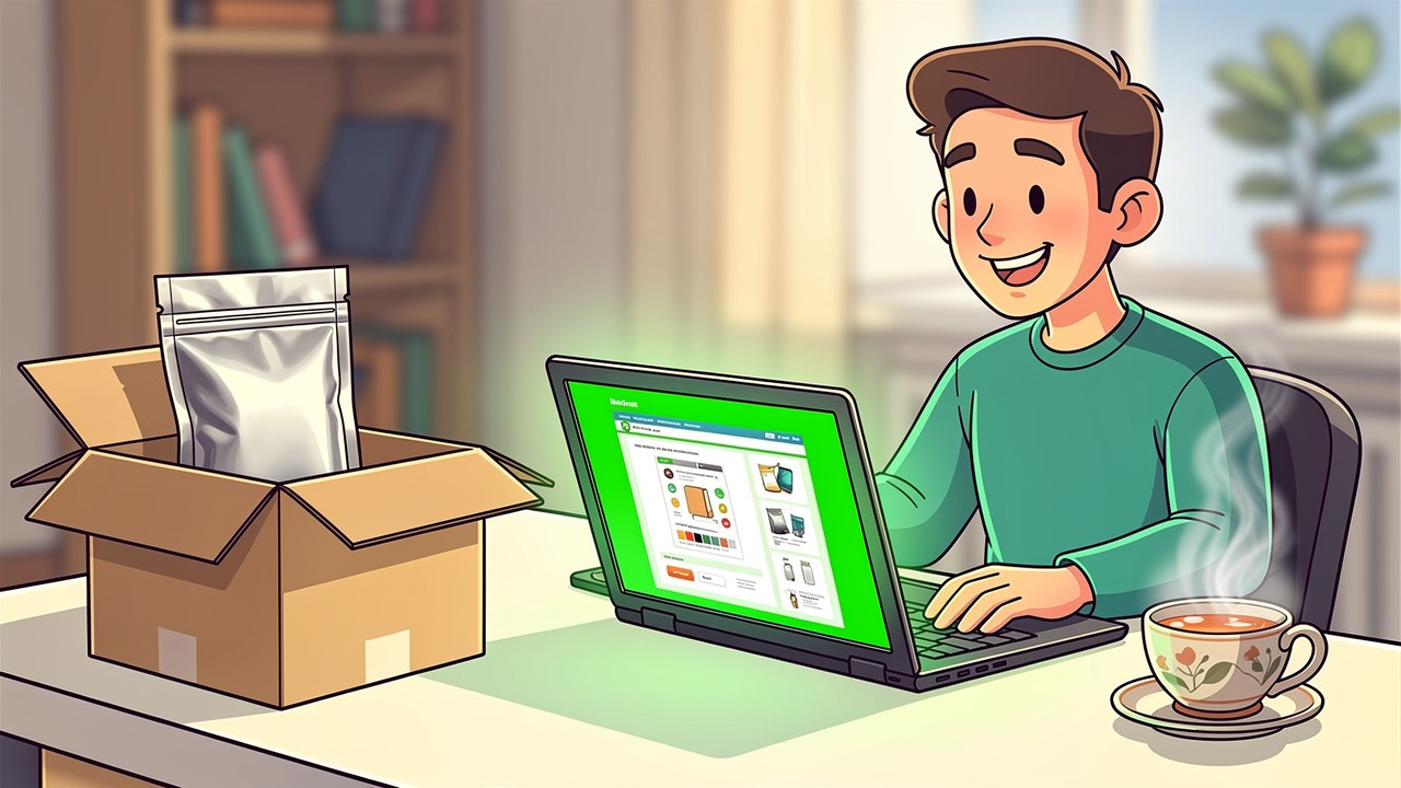 Cartoon person placing first cannabis order online with delivery box