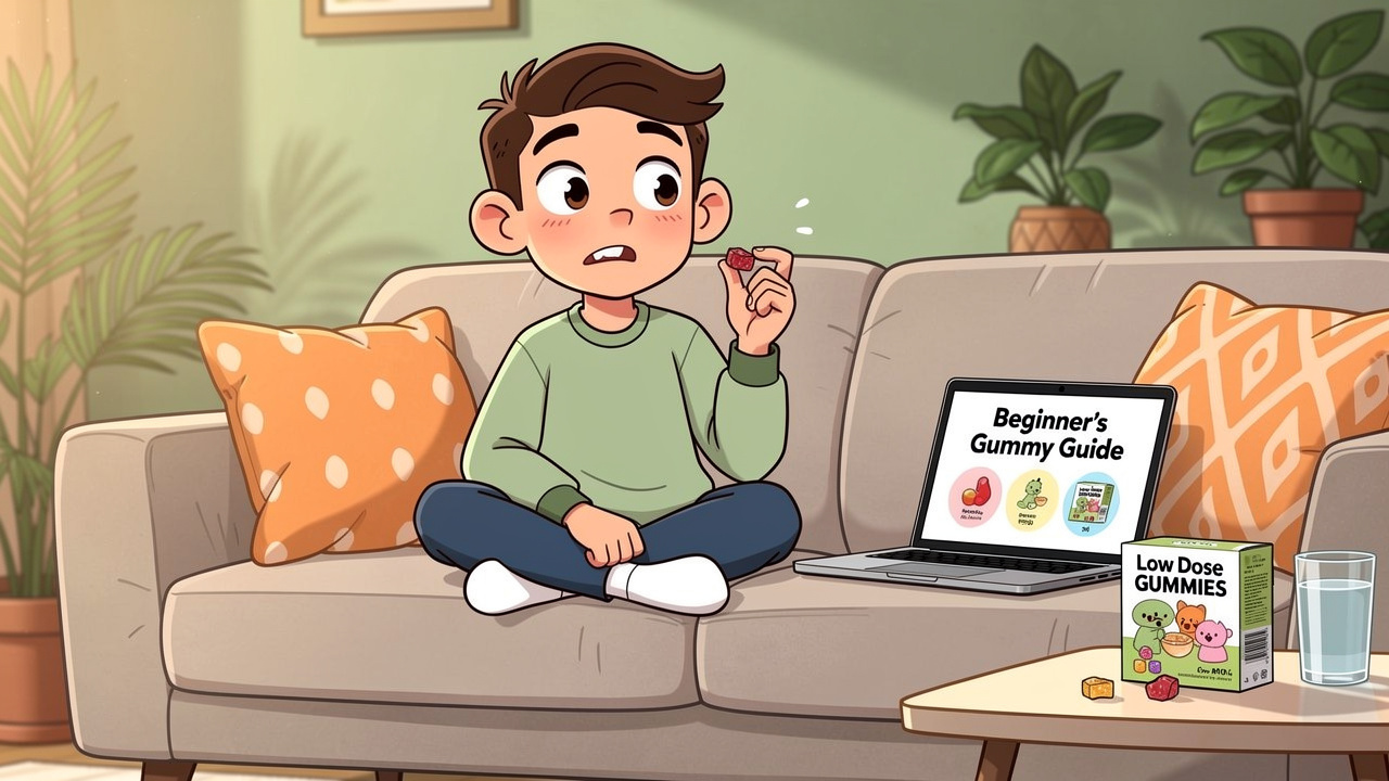 Cartoon first-time buyer reading cannabis product guide at home