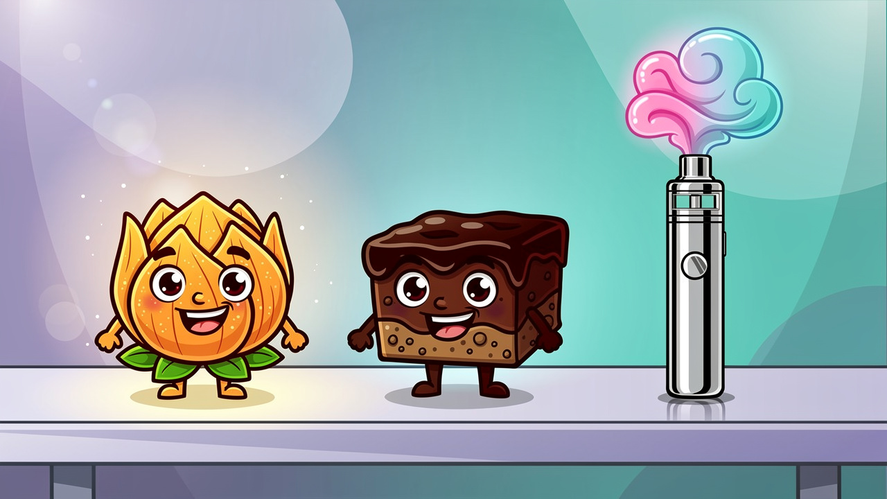 Cartoon characters representing flower edibles and vapes