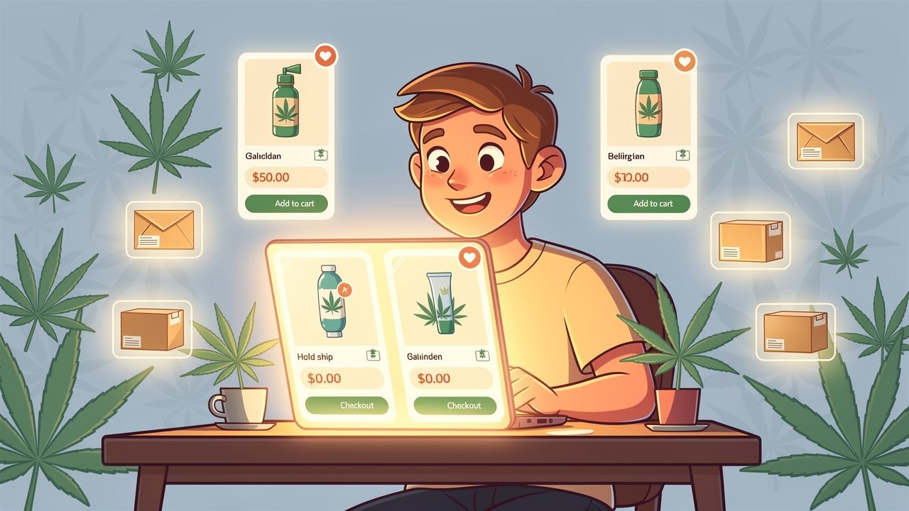 Cartoon person browsing cannabis products online for fibromyalgia support