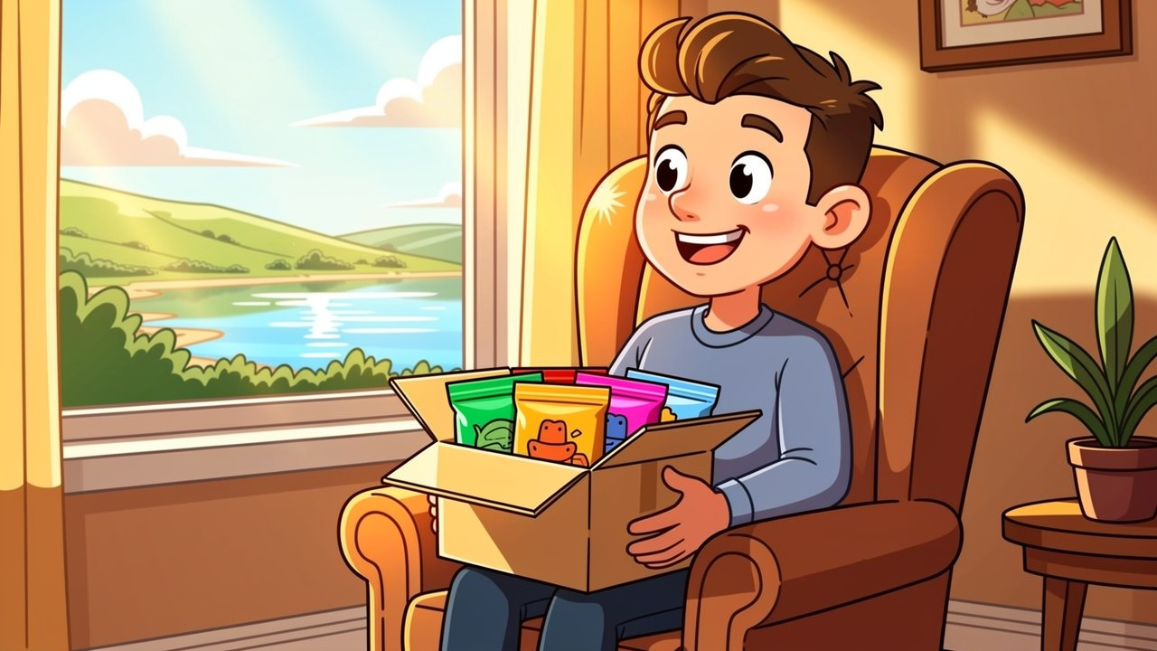 Happy cartoon customer opening BudBuddies delivery parcel at Warrenpoint home