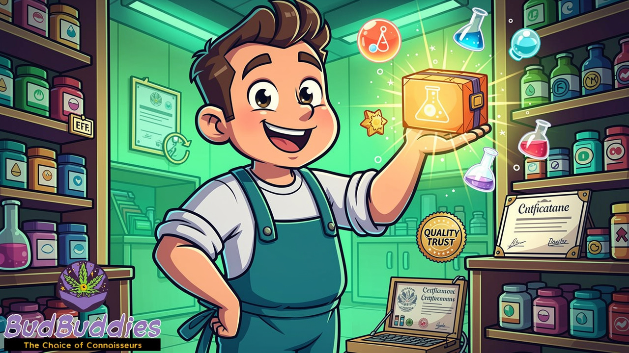 Cartoon shopkeeper displaying lab-tested quality cannabis products