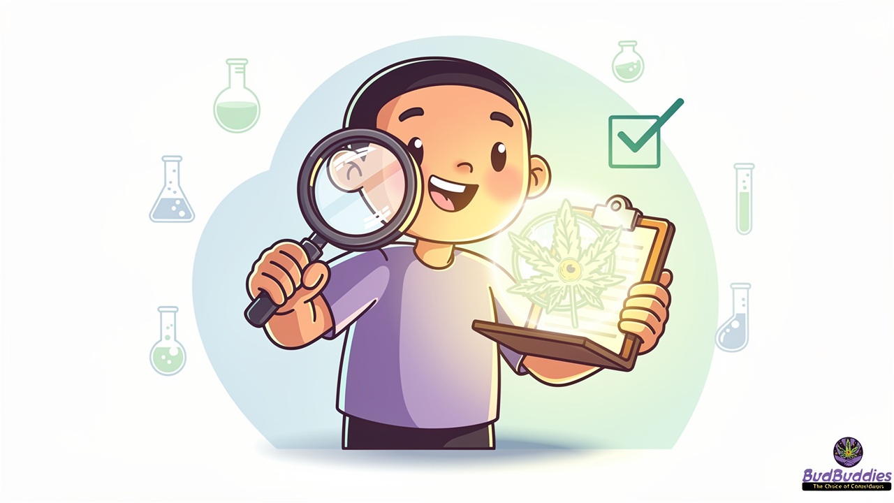 Cartoon figure inspecting product with quality assurance symbols