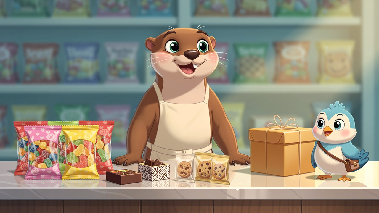 Cartoon otter behind a low dose edibles shop counter