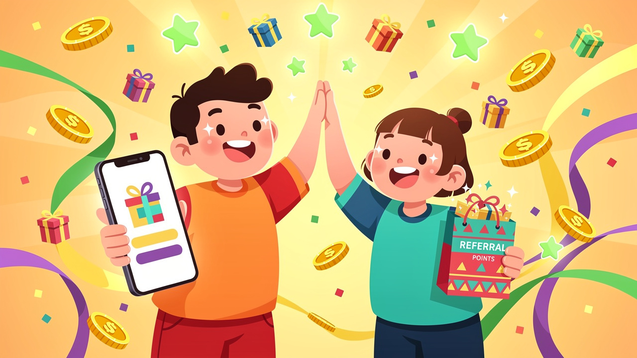 Cartoon friends celebrating BudBuddies loyalty rewards and referral savings