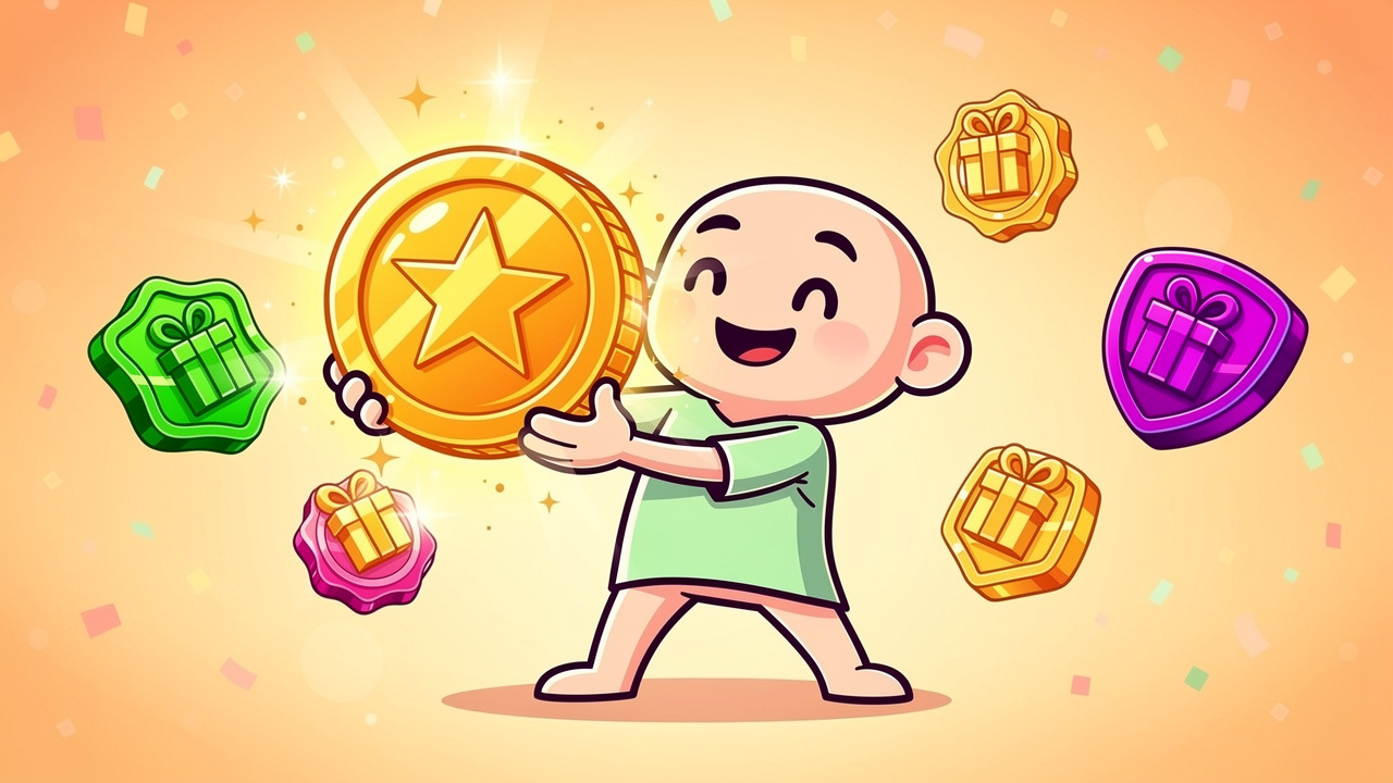 Cartoon character celebrating loyalty rewards points and discounts