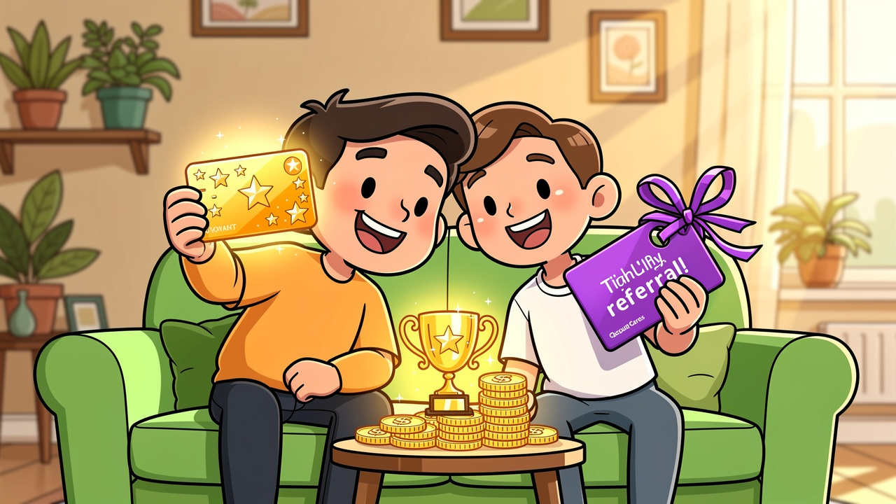 Cartoon characters celebrating loyalty rewards and referral bonuses
