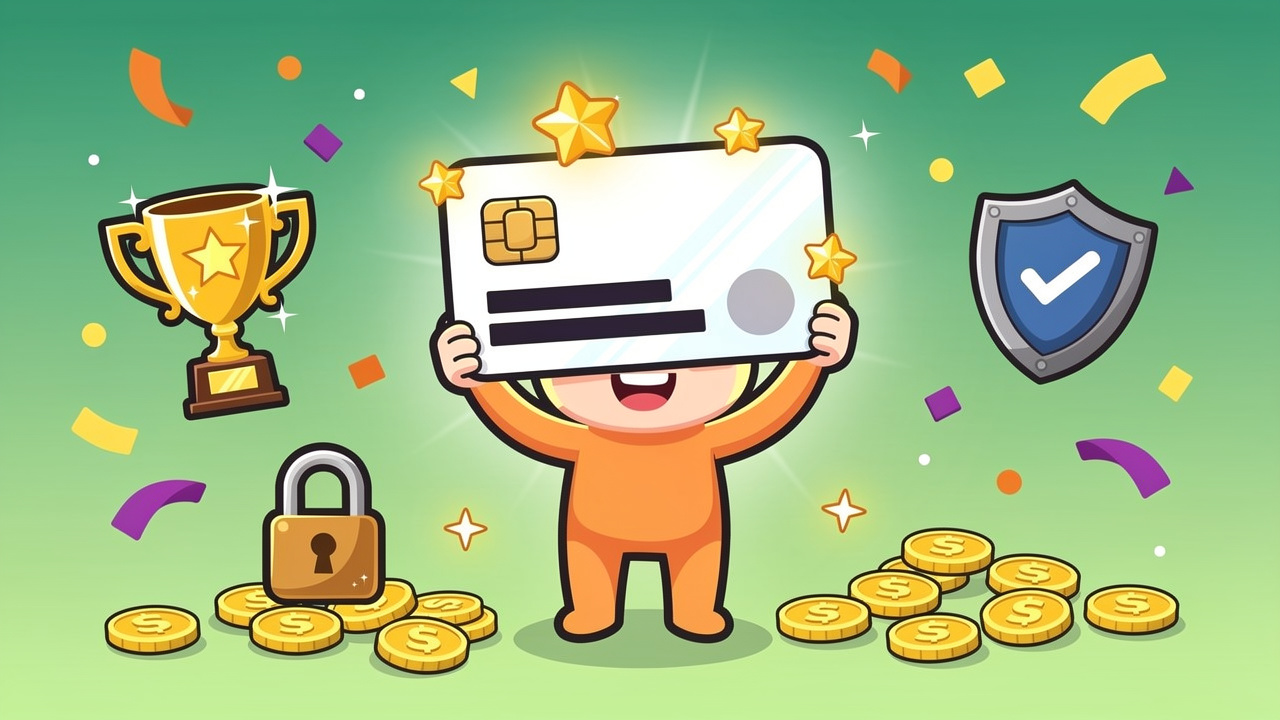 Cartoon character with loyalty rewards stars and quality shield icons
