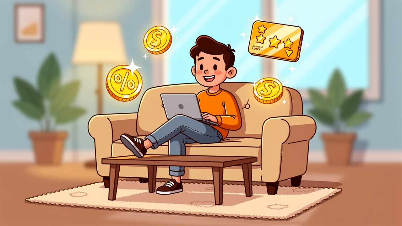 Cartoon character earning loyalty rewards while shopping online