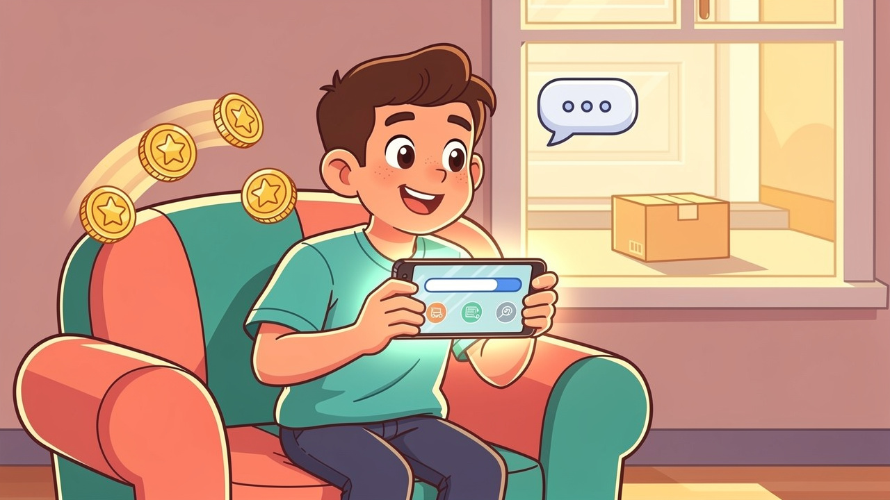 Happy cartoon customer tracking cannabis order on smartphone
