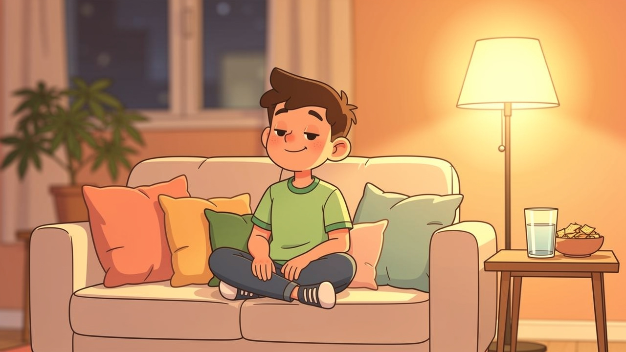 Cartoon character relaxing safely at home for first cannabis experience