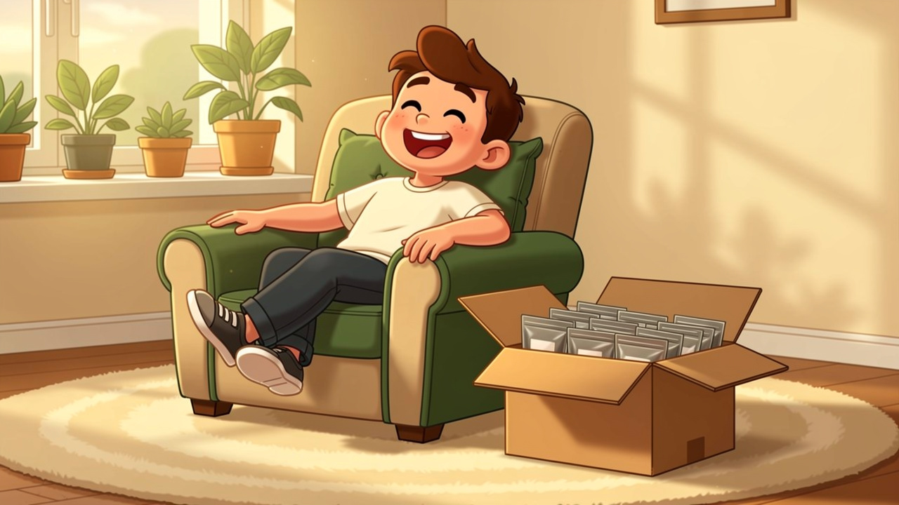 Cartoon character happily unboxing a discreet cannabis delivery
