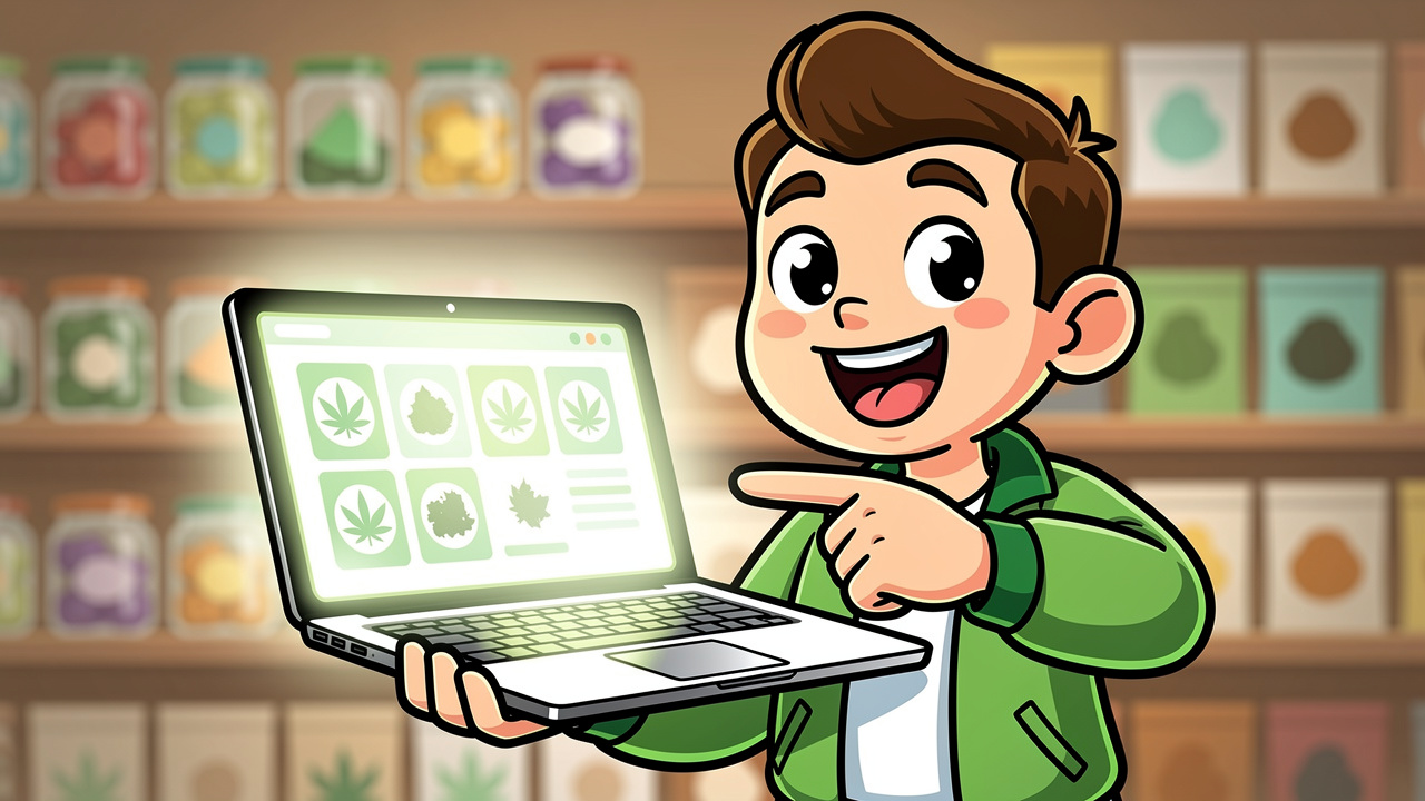 Cartoon character browsing a clean online cannabis shop