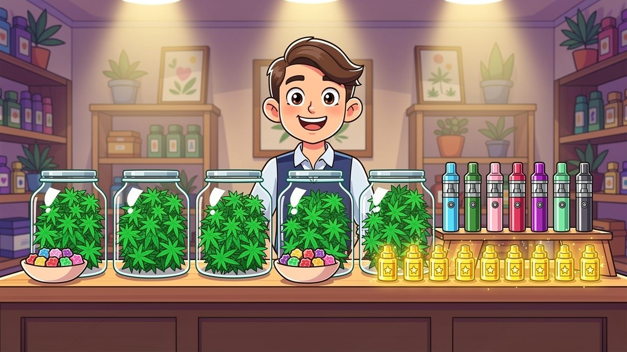 Cartoon online cannabis dispensary with flower edibles and vapes