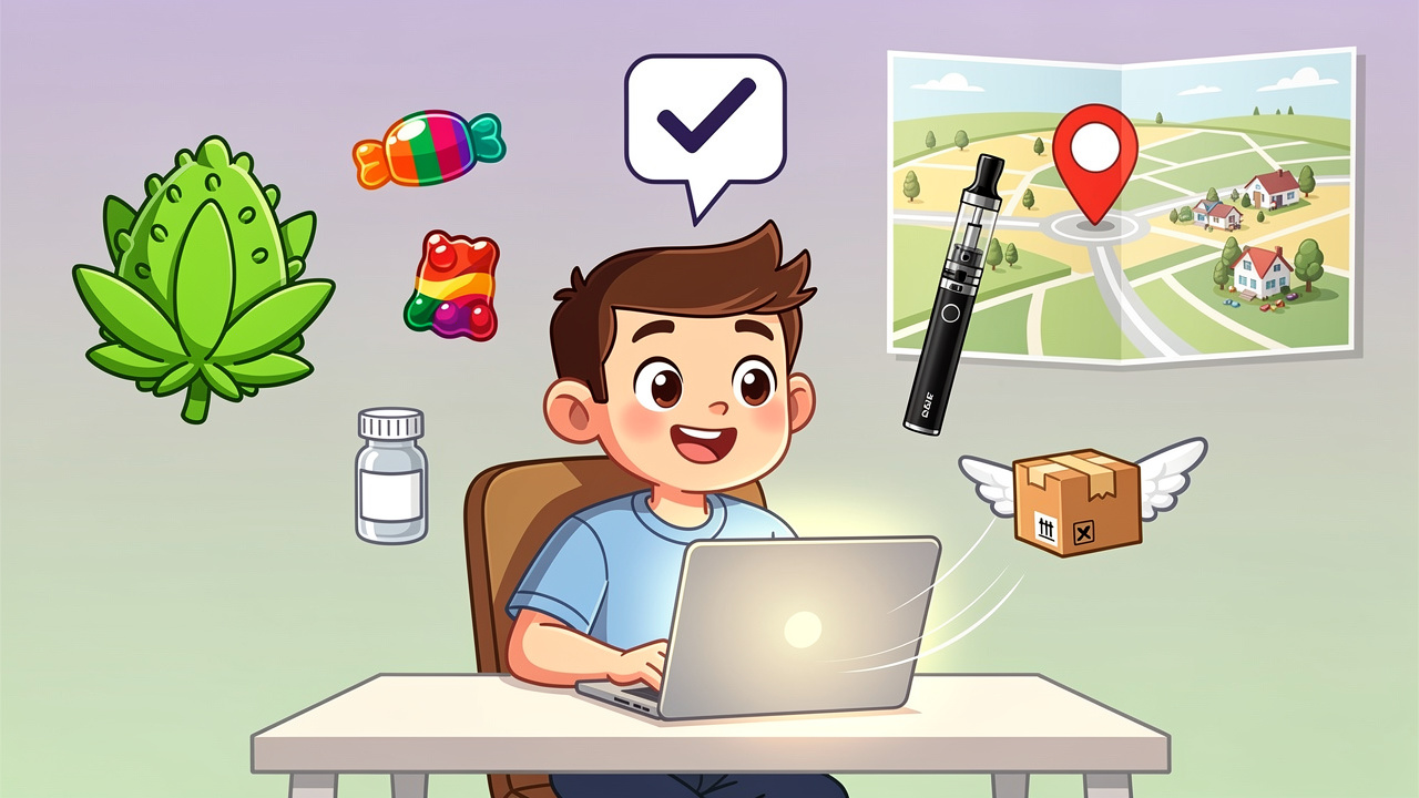 Cartoon character ordering premium cannabis online with easy checkout