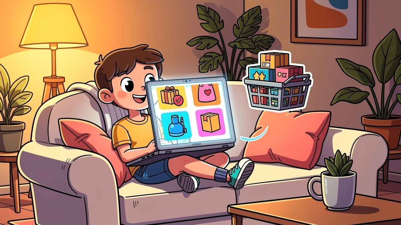 Cartoon character ordering cannabis online on a laptop at home