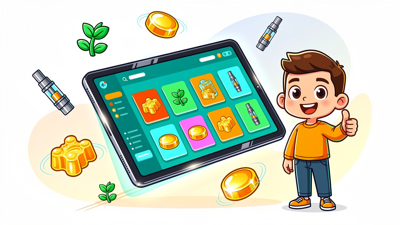 Cartoon character browsing cannabis products on a glowing tablet