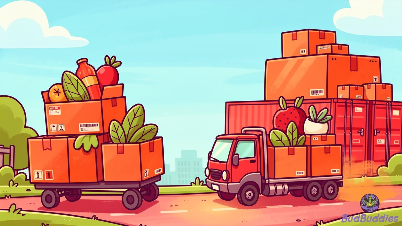 Cartoon delivery journey from warehouse dispatch to student doorstep