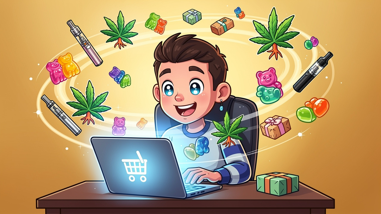 Cheerful cartoon character ordering cannabis products online easily