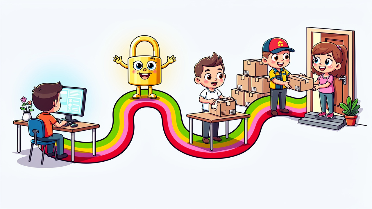 Cartoon steps showing how to order cannabis delivery online