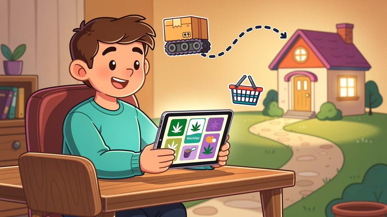 Cartoon character ordering cannabis delivery online for Limavady