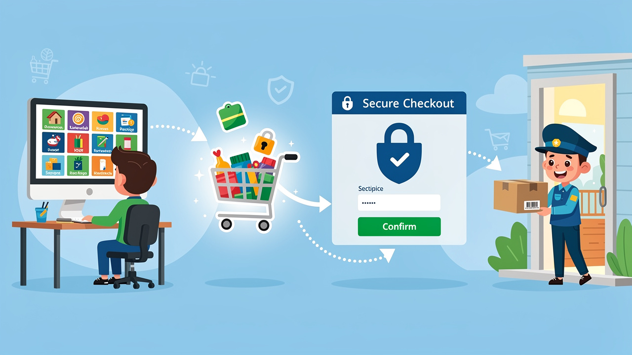 Cartoon step by step cannabis ordering and delivery process
