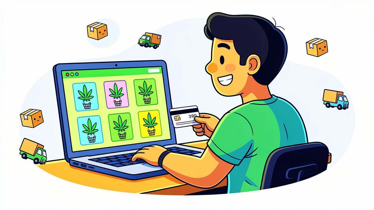Cartoon person ordering cannabis online easily from home