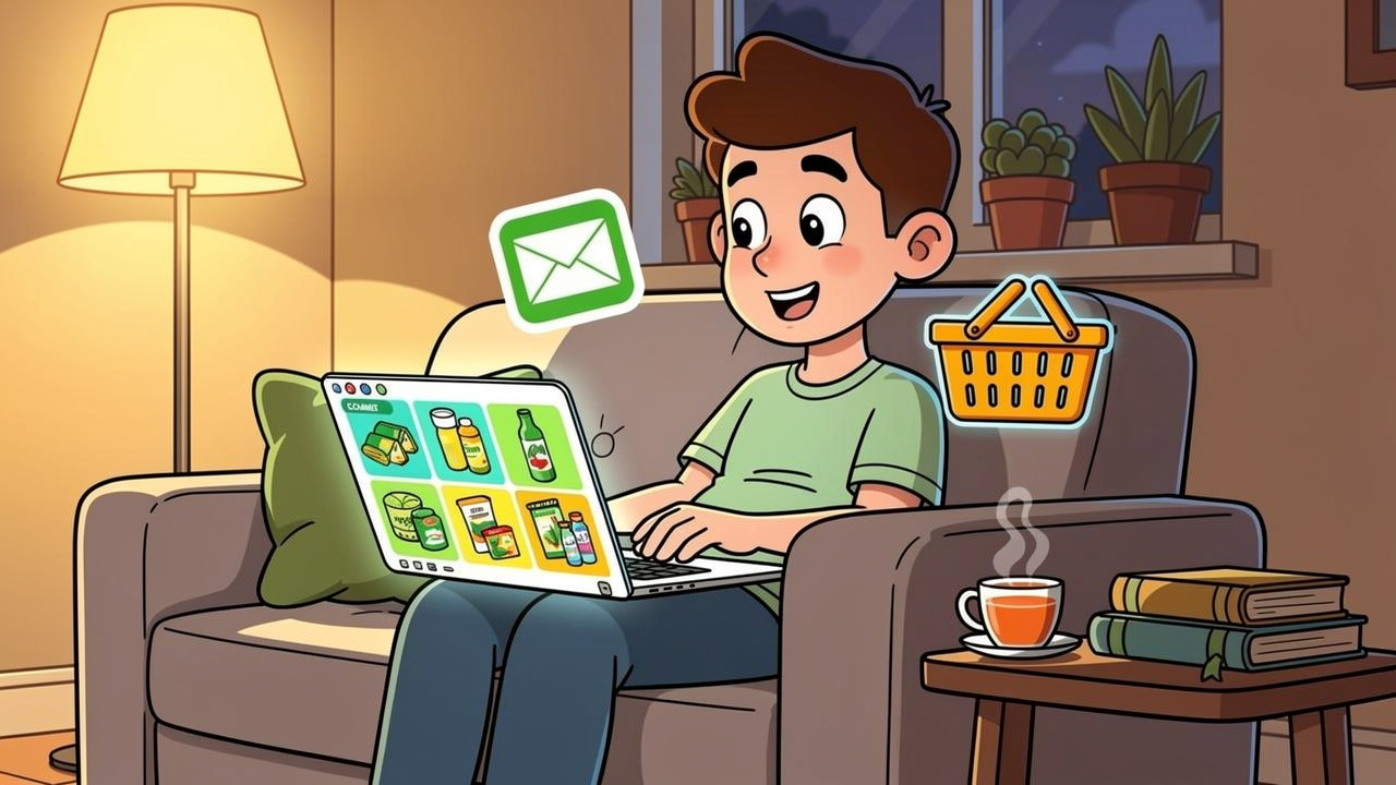 Cartoon person ordering cannabis online at home comfortably