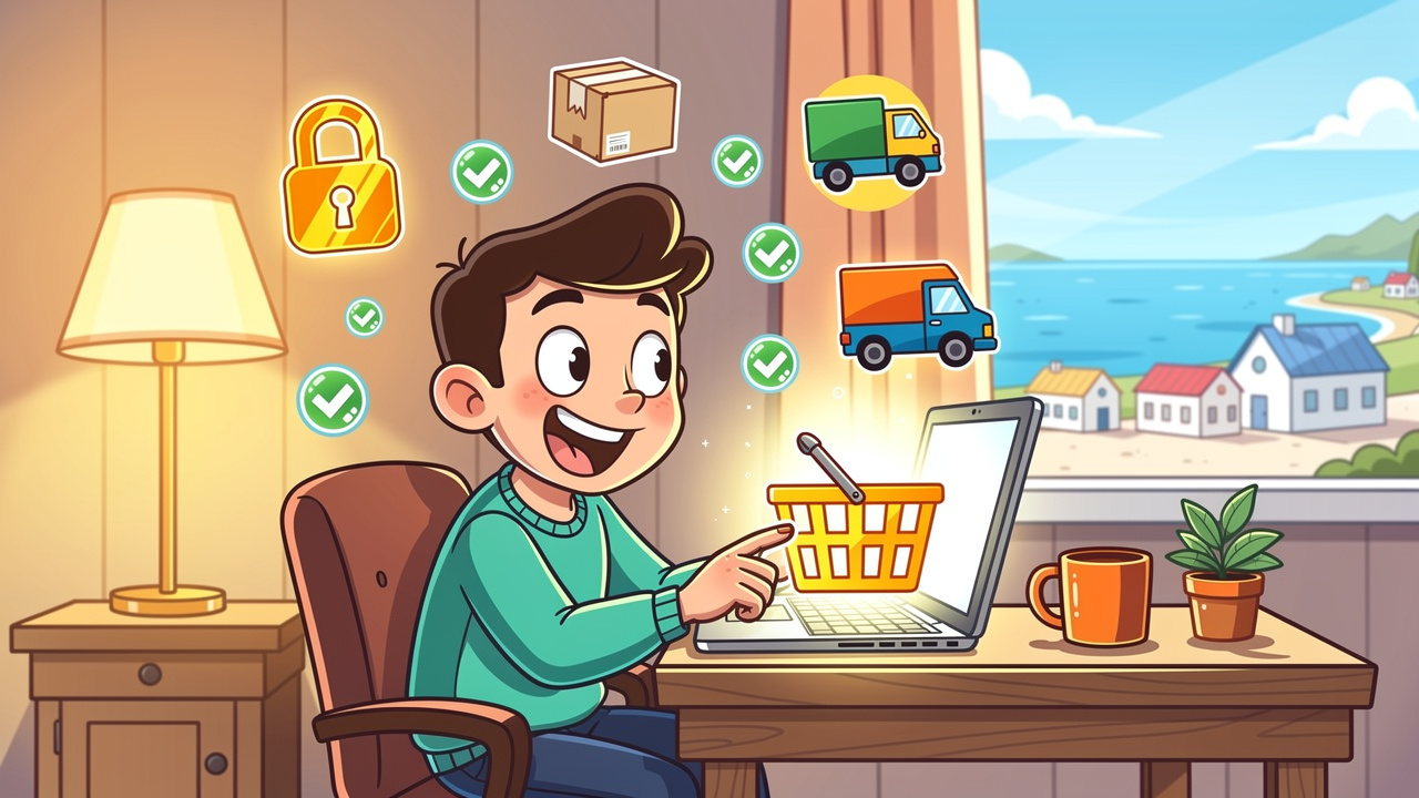 Cartoon character completing secure cannabis order on laptop at home