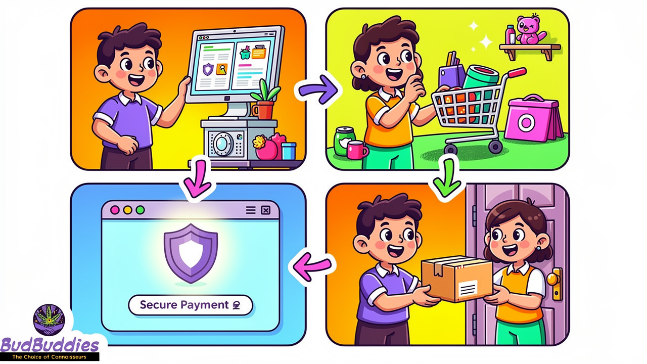 Four-step ordering process illustrated with friendly cartoon characters