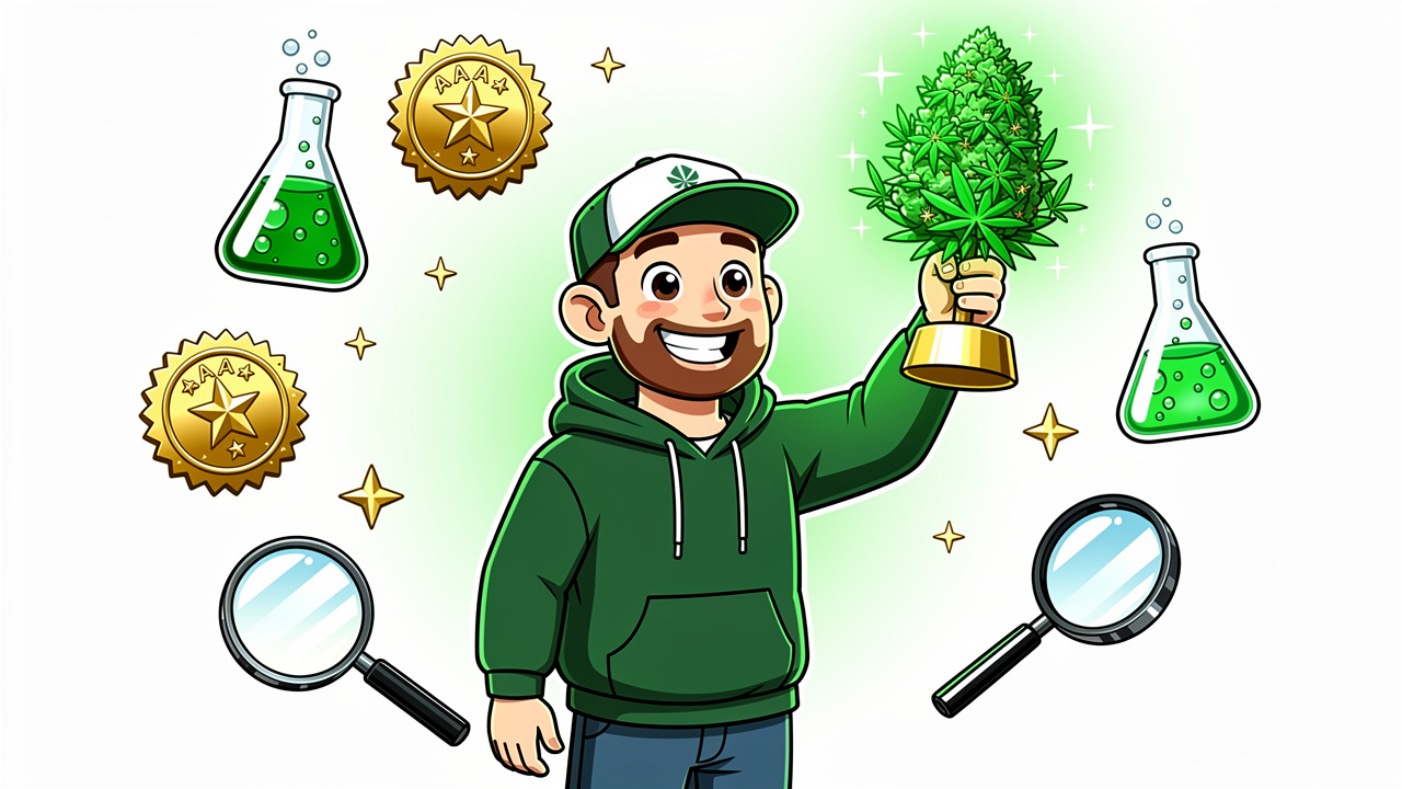 Cartoon character verifying premium AAAA cannabis quality before buying