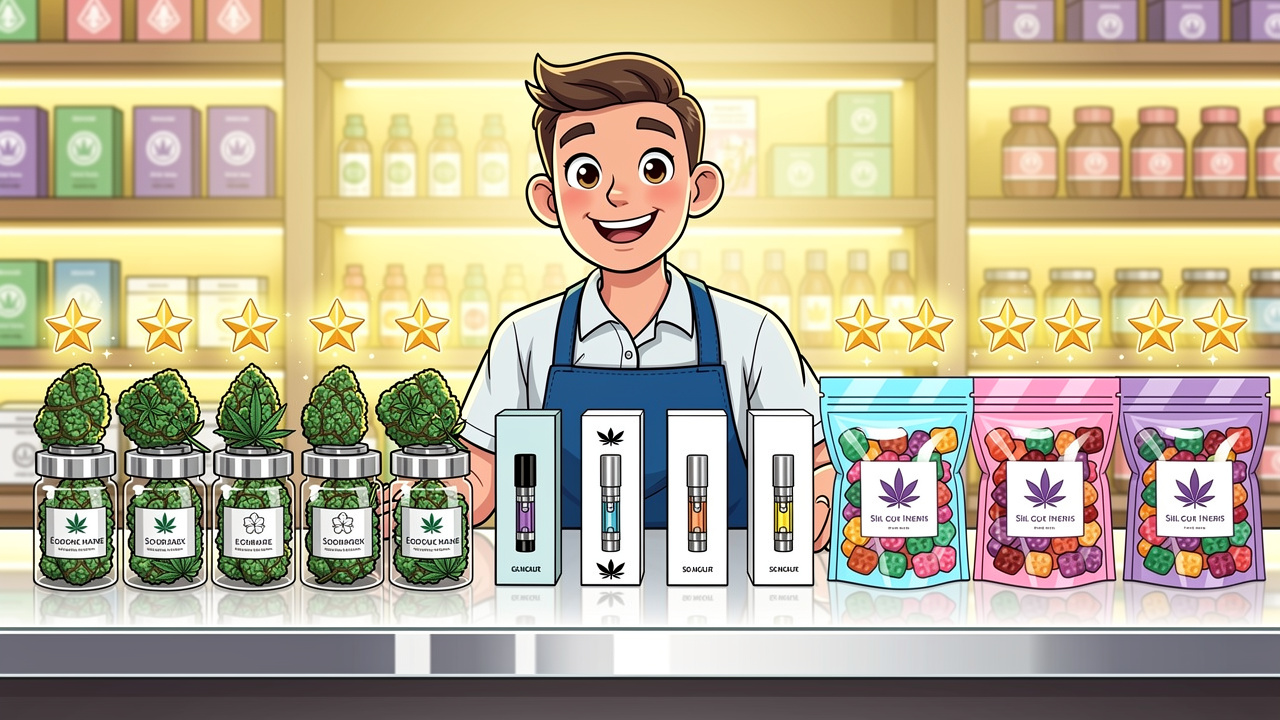 Premium cannabis flower vapes and edibles product range cartoon