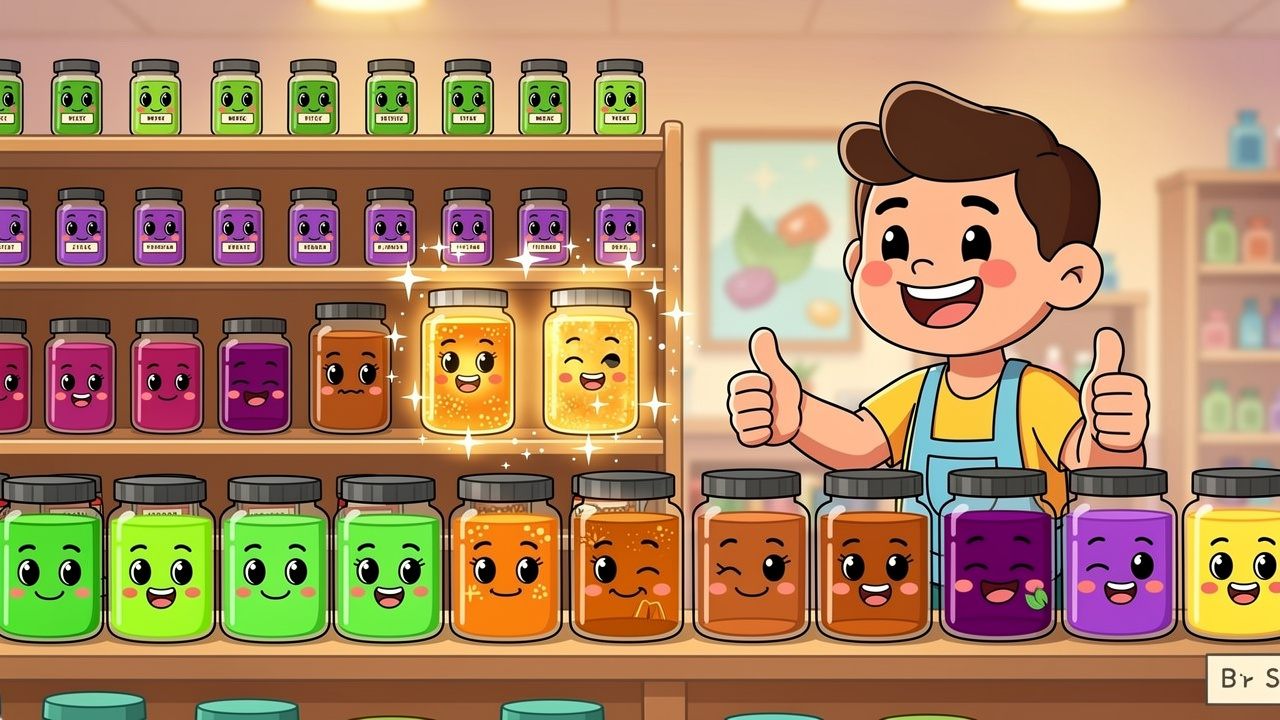 Cartoon illustration of premium cannabis product range on shelves