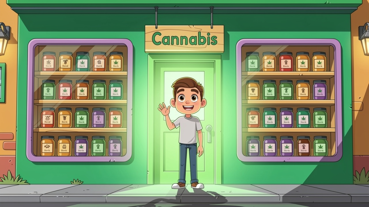 Cartoon cannabis shop with colourful jars and friendly shopkeeper