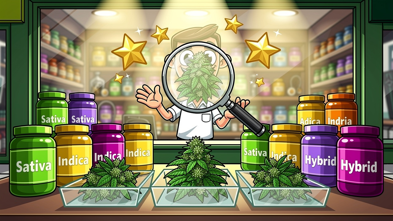 Cartoon cannabis shop with premium quality AAAA bud display