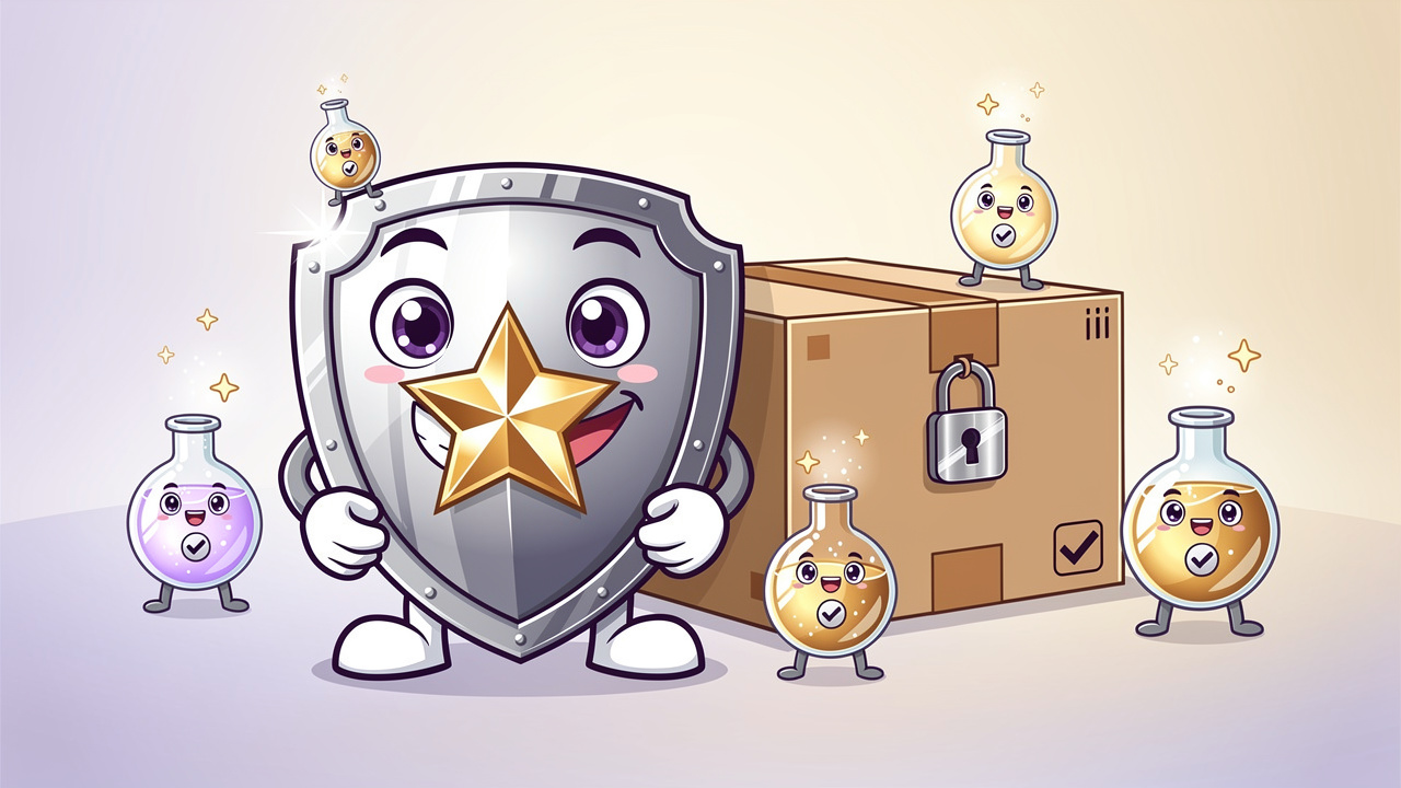 Cartoon shield and lab flask characters representing quality and privacy