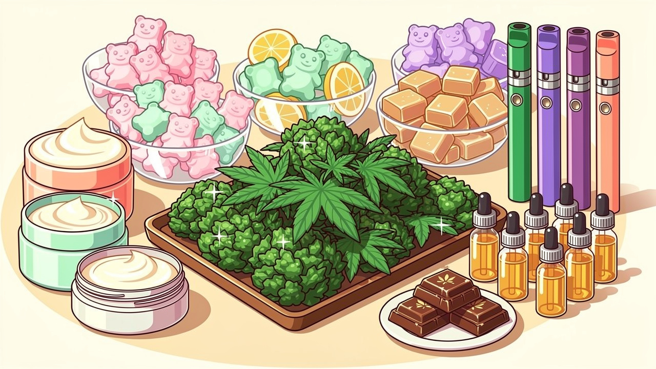 Colourful cartoon display of cannabis flowers edibles vapes and CBD products